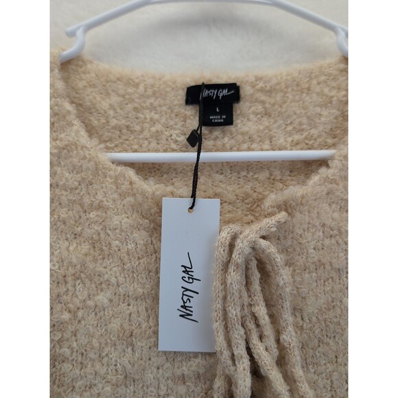 NASTY GAL Knitted Fringe Long Sleeve Pullover Lace Up Front Sweater NWT Large - Picture 2 of 10